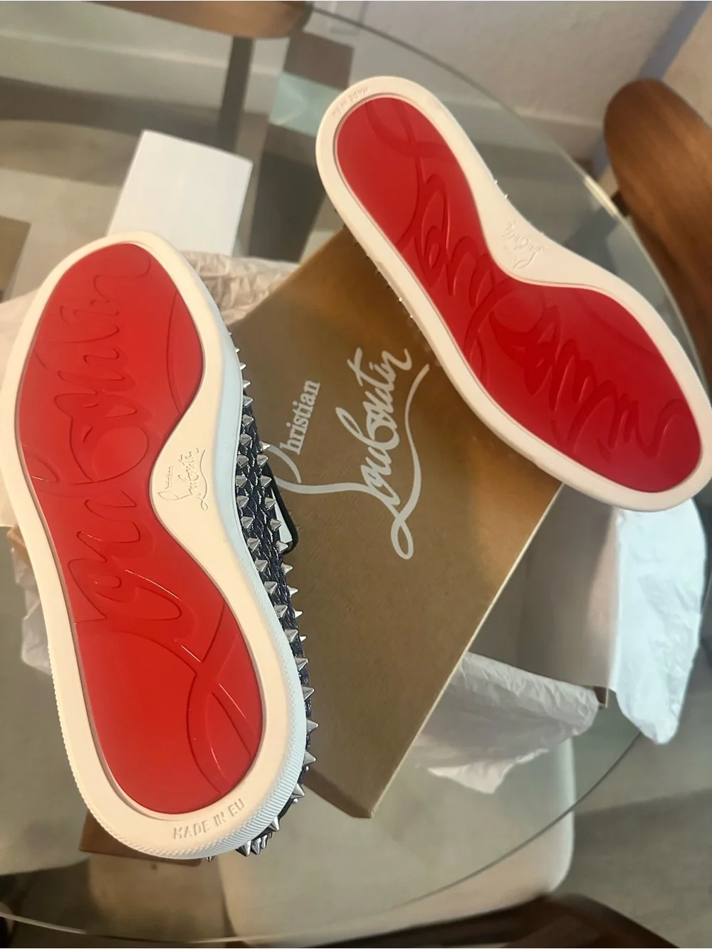 Christian Louboutin Navy Pyramid-Stud Slip-On Sneakers